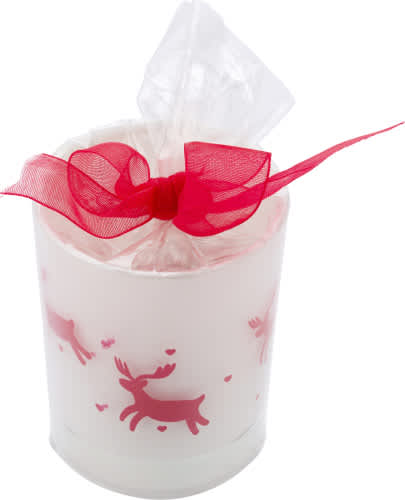 Glass candle holder with Christmas decorations