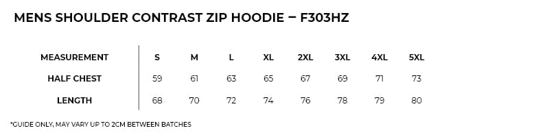 f303hz_sizeguide.jpg Mens Shoulder Contrast Zip Hoodie