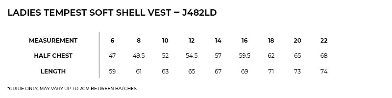 j482ld_sizeguide.jpg Womens Soft Shell Vest - TEMPEST Range