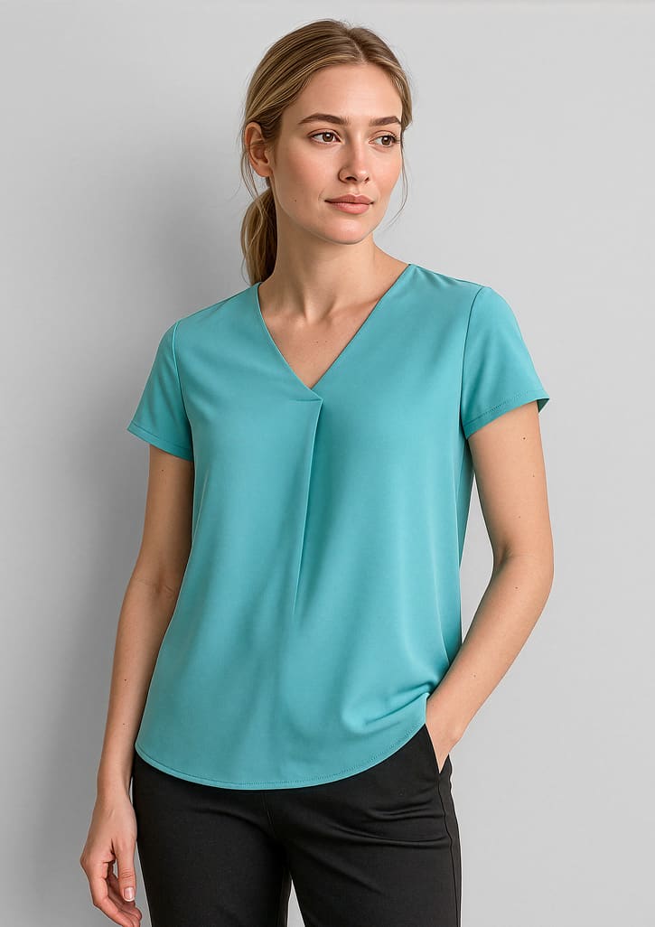 rb967ls_talent_aqua_01.jpg Womens Kayla V-Neck Pleat Blouse
