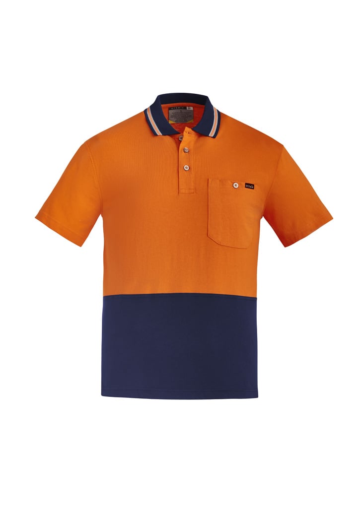 zh435_product_orange_navy_01.jpg Mens Hi Vis Cotton Short Sleeve Polo