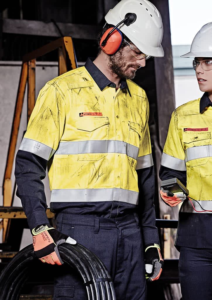 zw140_talent_01_cvbqf77.jpg Mens Orange Flame Hi Vis Open Front Spliced Shirt - Hoop Taped