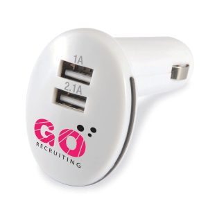 A white USB car charger with two ports and a logo on the side.