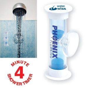 A transparent hourglass shower timer with blue sand, featuring a logo, alongside a shower head with water flowing.