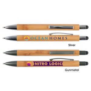 A set of Aspen bamboo pens in silver and gunmetal, featuring stylus tips and branding on the barrel.