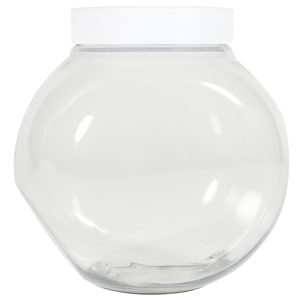 A plastic container with a white lid, featuring a round, transparent design.