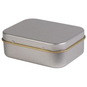 A silver rectangular tin with a gold rim, suitable for packaging pens or other small items.