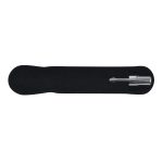 A metal pen resting on a black velvet pen holder. The pen features a sleek design, perfect for promotional use.
