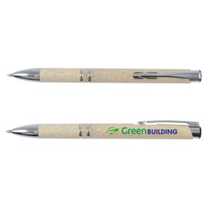 A creamy beige eco pen with a shiny silver clip and a logo on the barrel.