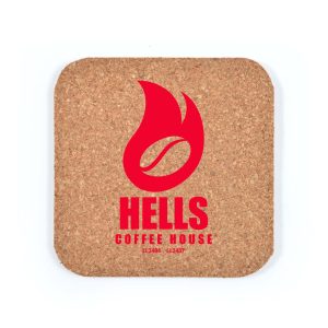 A square cork coaster featuring a red flame design alongside the text "HELLS COFFEE HOUSE."