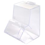 A clear acrylic dispenser features a scoop and a hinged lid, designed with a sleek, modern look.