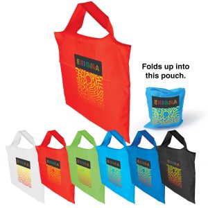 A collection of reusable grocery bags in various colors: red, white, green, blue, and black, featuring a logo.