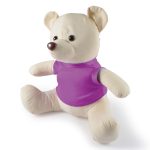 A plush toy bear with a beige body and a purple shirt, featuring friendly facial features and rounded ears.