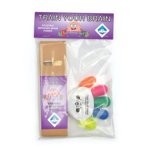 A clear plastic bag containing a set of colorful markers and a brain-shaped cartoon character with a logo.