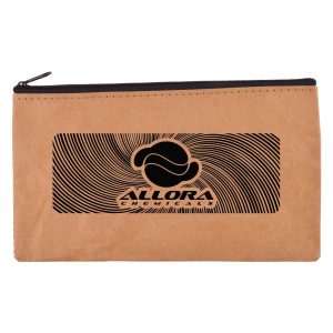 A kraft pouch featuring a zip closure and a bold black logo design, suitable for storing toiletries or accessories.