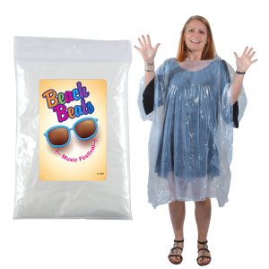 A transparent poncho with arm openings is displayed next to a smiling woman wearing it.