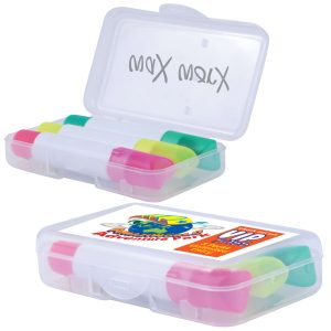 A clear plastic case containing highlighters in pink, green, and yellow colors, with a logo on the front.