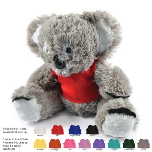 A plush koala toy in gray with a red shirt, featuring a black nose and paws. It has a logo on the shirt.