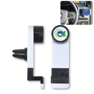 A white car vent phone holder with black accents, featuring a circular branding logo on top.