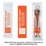 A transparent PVC zip lock pouch containing a backing card and keychain accessories, featuring orange and white colors.