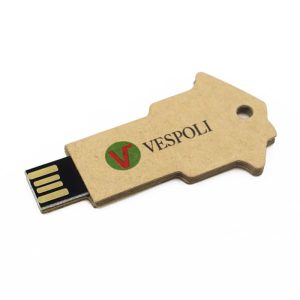 A key-shaped eco flash drive in brown with a logo, featuring a USB connector at one end.