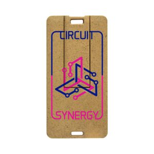 A slim, eco-friendly flash drive in a brown and pink design featuring a logo and abstract circuit pattern.