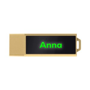 A gold eco-friendly LED flash drive with a black display area featuring the name "Anna" and a logo.