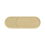 A light wooden eco-friendly LED flash drive with a smooth, oval design; features a logo on its surface.
