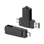 A black Twister Type-C Flash Drive with both USB and Type-C connectors, showcasing a sleek and compact design.
