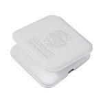 A white magnetic wireless charger with a logo, featuring a compact design that folds for easy storage.