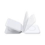 A white, foldable magnetic wireless charger with dual charging pads and a minimalist design. It includes a brand logo.