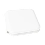 A white, square wireless charger with a smooth surface and rounded edges, featuring a logo on one side.