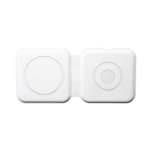 A white magnetic wireless charger with two circular charging areas, featuring a simple design and a logo.