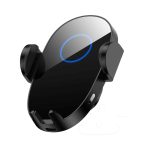 A black wireless car charger featuring an oval design, with adjustable side grips and a blue indicator light.