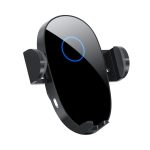 A black wireless car charger with a sleek design and a circular blue indicator light. It features adjustable side grips.