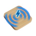 A square bamboo wireless charger with blue signal waves illustrated around it, featuring a logo on the surface.