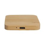 A rectangular bamboo wireless charger with a USB-C port on the side. The surface is smooth and natural in colour.