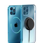 A blue phone case featuring a wireless charging attachment. The phone has a logo and a circular charging indicator.