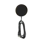 A black magnetic wireless charger with a USB cable. It has a circular design and a sleek appearance.