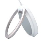 A white and silver 15W magnetic wireless charger stand with a sleek design and a circular shape.