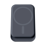 A sleek black magnetic wireless car charger with a circular design and subtle branding.