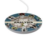 A round, white wireless charger featuring a colourful design of a collaborative workspace with various documents and notes.