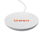 A white circular wireless charger with a cable, featuring a logo in bright colours.