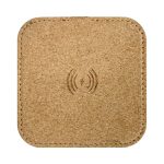 A square, natural cork wireless charger with a simple branding logo at the centre.