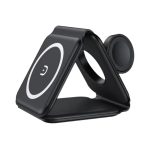 A black triangular wireless charger with a circular charging pad and a magnetic attachment for devices.