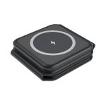 A dark grey wireless charger with a sleek, square design and a circular charging area. It features a logo.