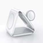 A white, triangular wireless charger with a magnetic attachment. Features a clean, modern design suitable for technology use.