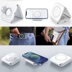 A white 3-in-1 magnetic wireless charger, designed for phones and accessories, featuring a compact and portable design.