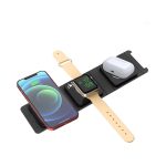 A black 3-in-1 wireless charger with space for a phone, smartwatch, and AirPods, featuring a sleek design and a light colour strap.