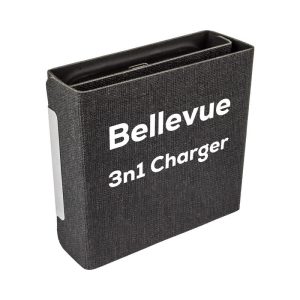 A black textured box with a magnetic 15W wireless charger inside, featuring a logo.